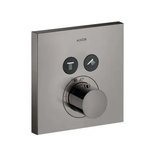 Thermostat von AXOR für die Wandmontage mit einem zentralen Bedienknopf zur Temperaturregulierung und zwei Auswahlmöglichkeiten für den Wasserfluss.